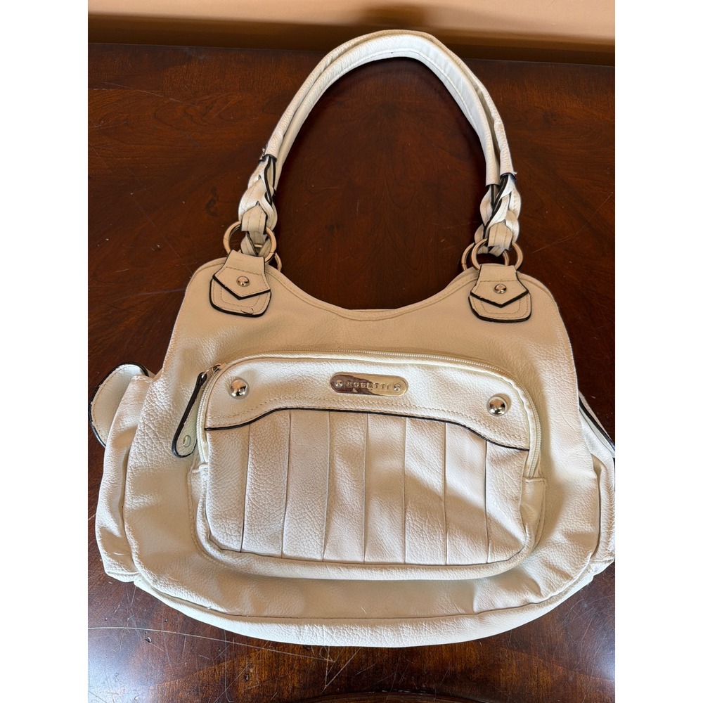 Rosetti Ivory Faux Leather‎ Shoulder Bag Braided Strap Multi Pocket Hobo Purse